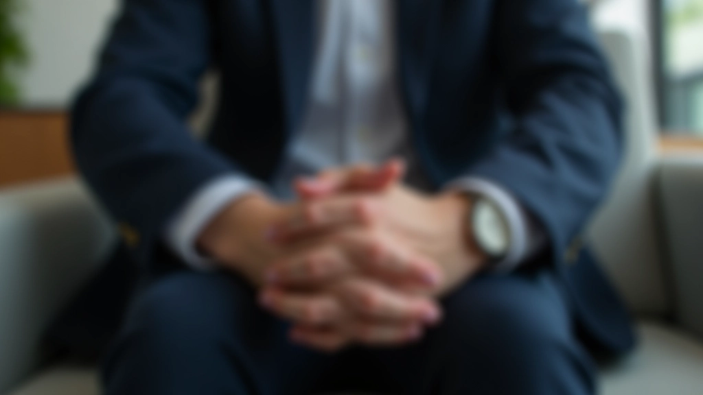 Close-up of person's hands in lap, calm and still, neutral lighting, professional setting