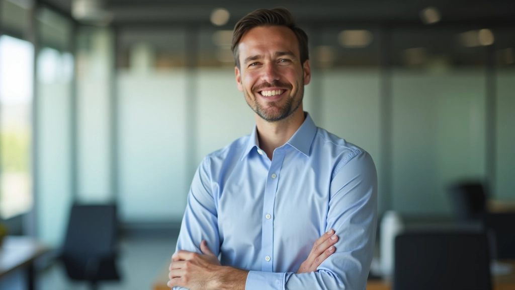 Man in business casual clothing, arms crossed confidently, portrait shot from chest up, modern workspace, professional demeanor, sharp focus
