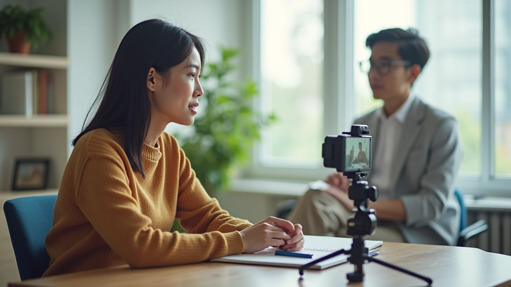 Person recording themselves speaking on camera for practice and self-evaluation