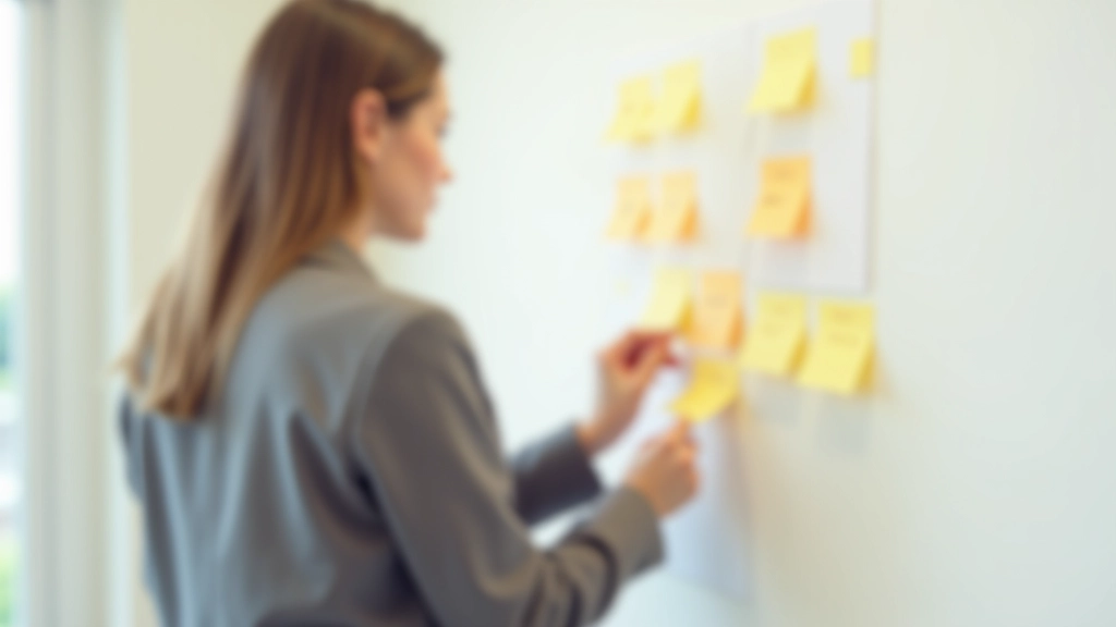 Person writing on sticky notes and arranging ideas on wall for speech planning and organization process